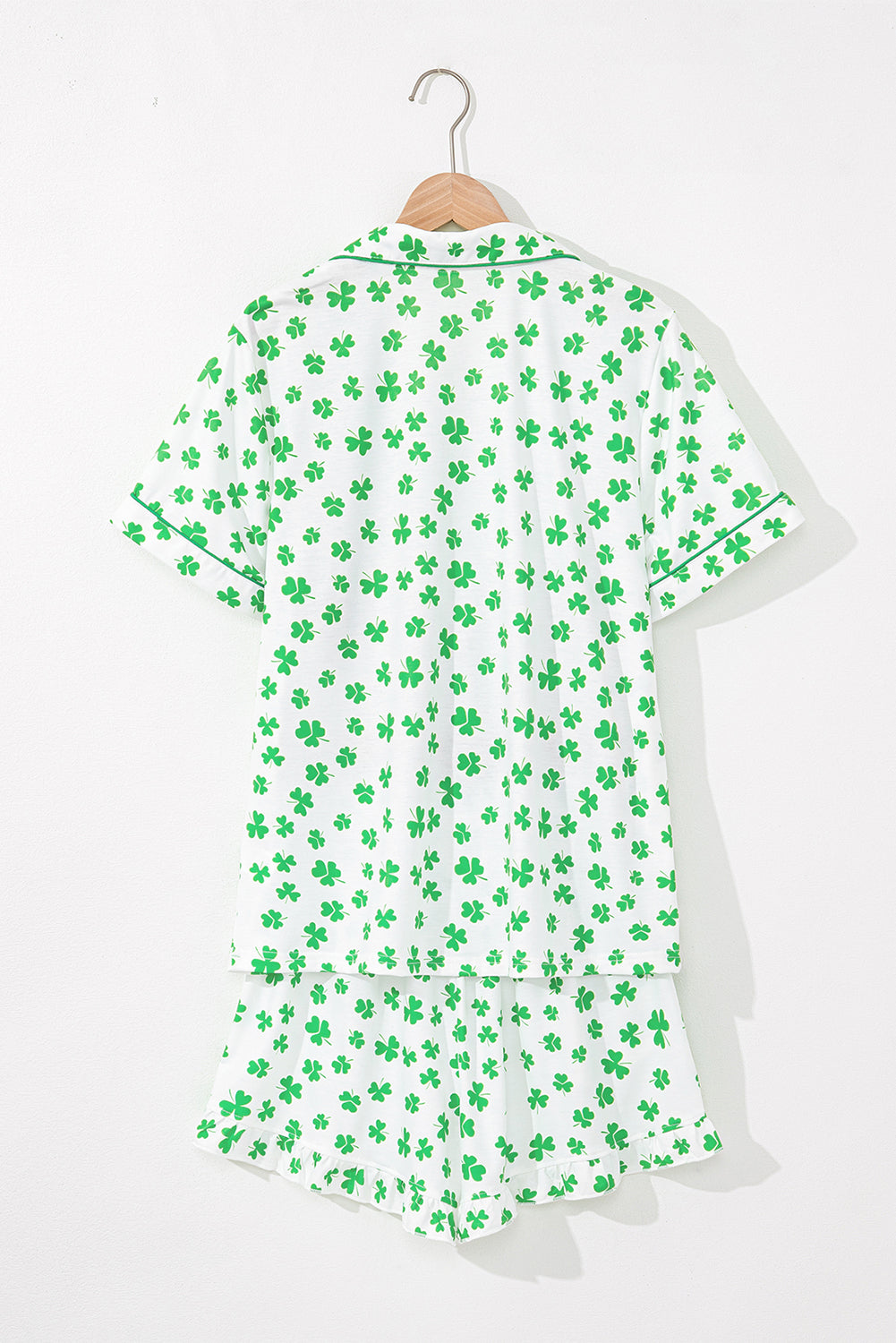 Bow Print Shirt and Ruffle Hem Shorts Pajama Set