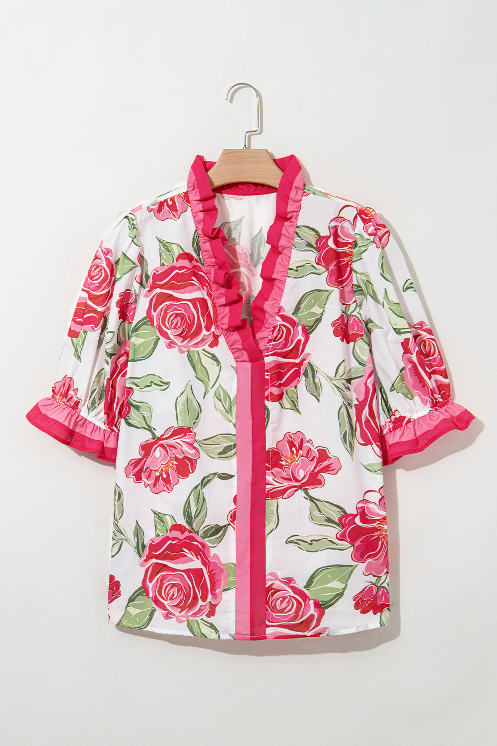 Rose Floral Print Short Sleeve Blouse Plus Size