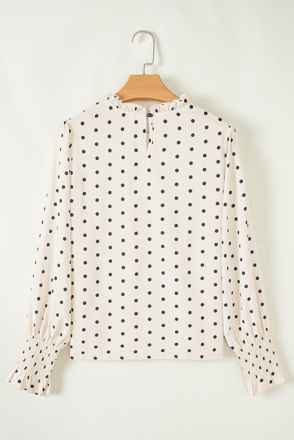 Polka Dot Print Frill Neck Smocked Sleeve Blouse