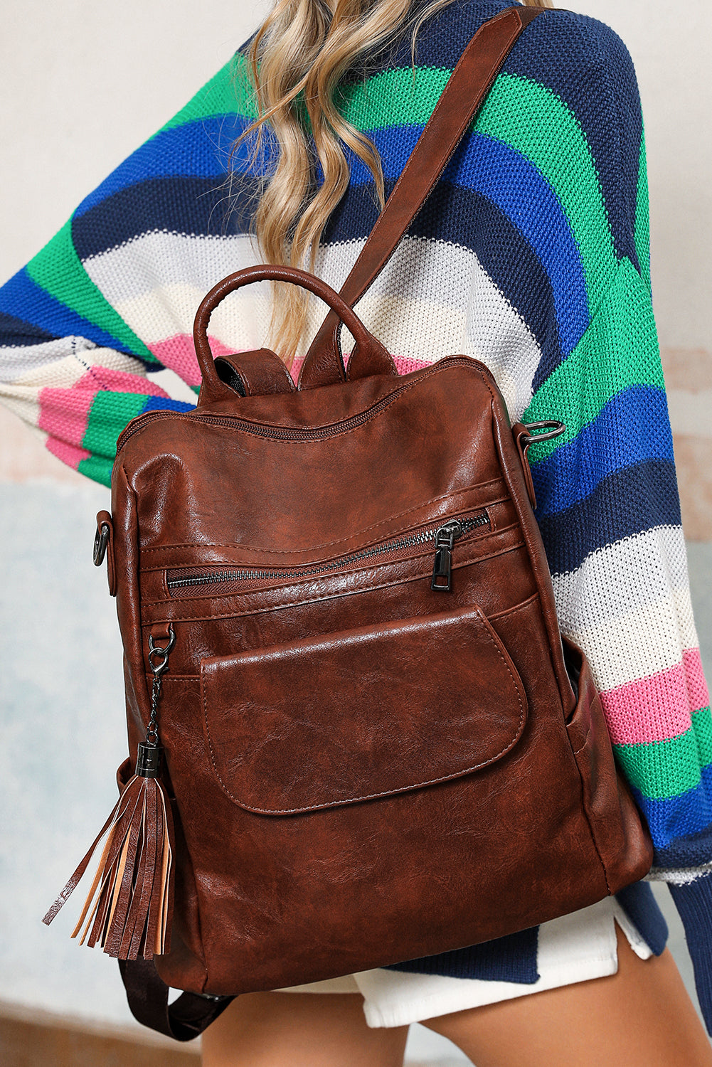 Dark Brown Tassel Decor Retro Backpack