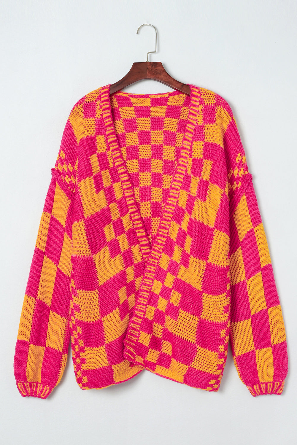Colorblock Checked Loose Fit Open Front Knitted Cardigan