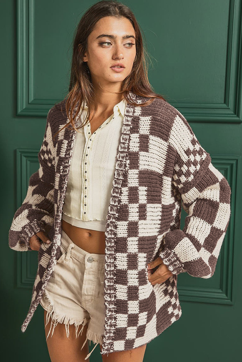 Colorblock Checked Loose Fit Open Front Knitted Cardigan