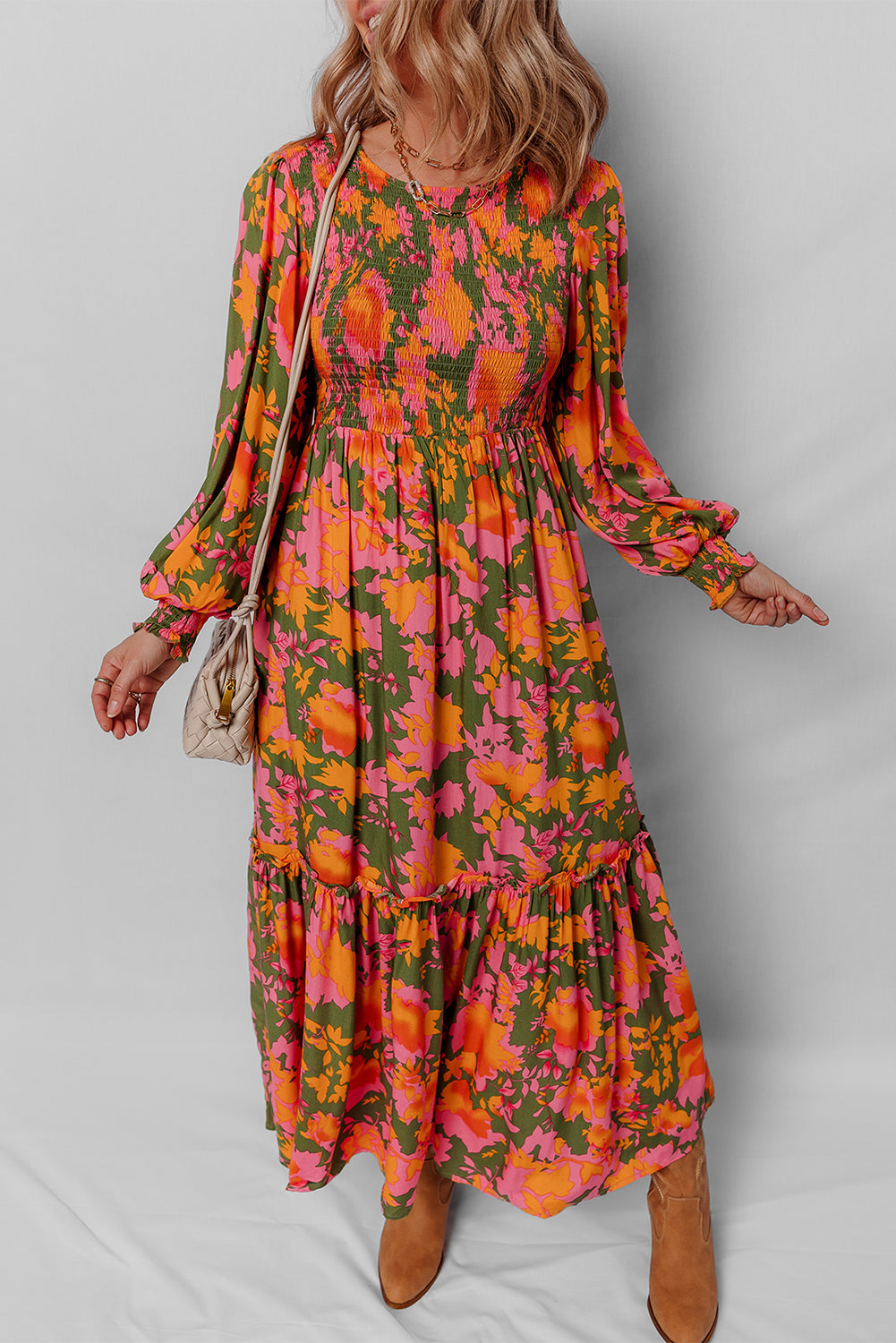 Orange Floral Puff Sleeve Smocked Bodice Tiered Dress