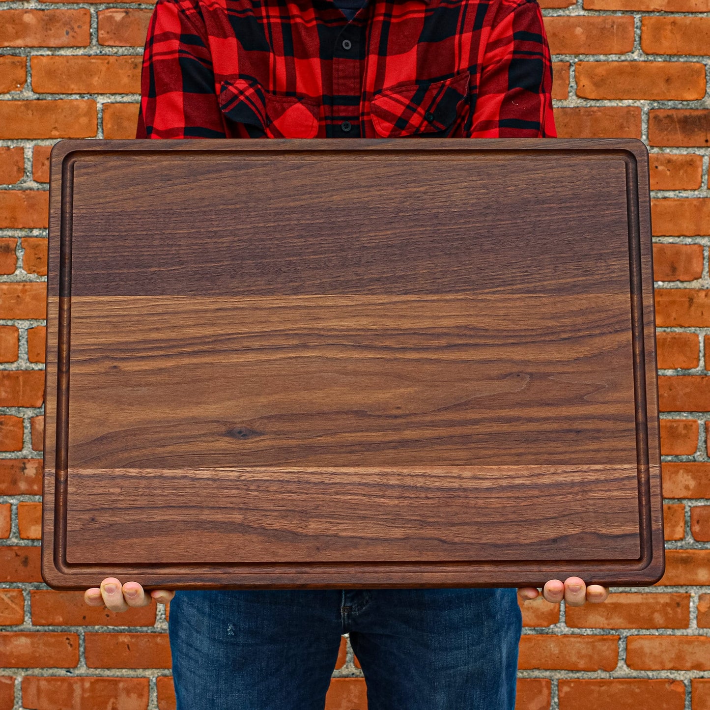 1.25” Thick Extra Large Wood Cutting Board with Feet, Pocket Handles and Juice Groove, 100% USA Made