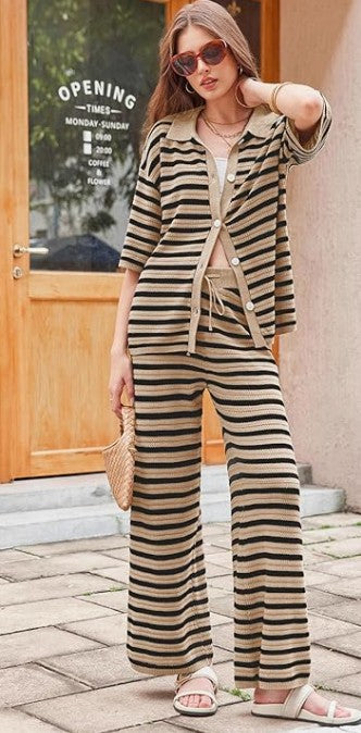 Tan & Black Two Piece Woven Knit Loungewear Set