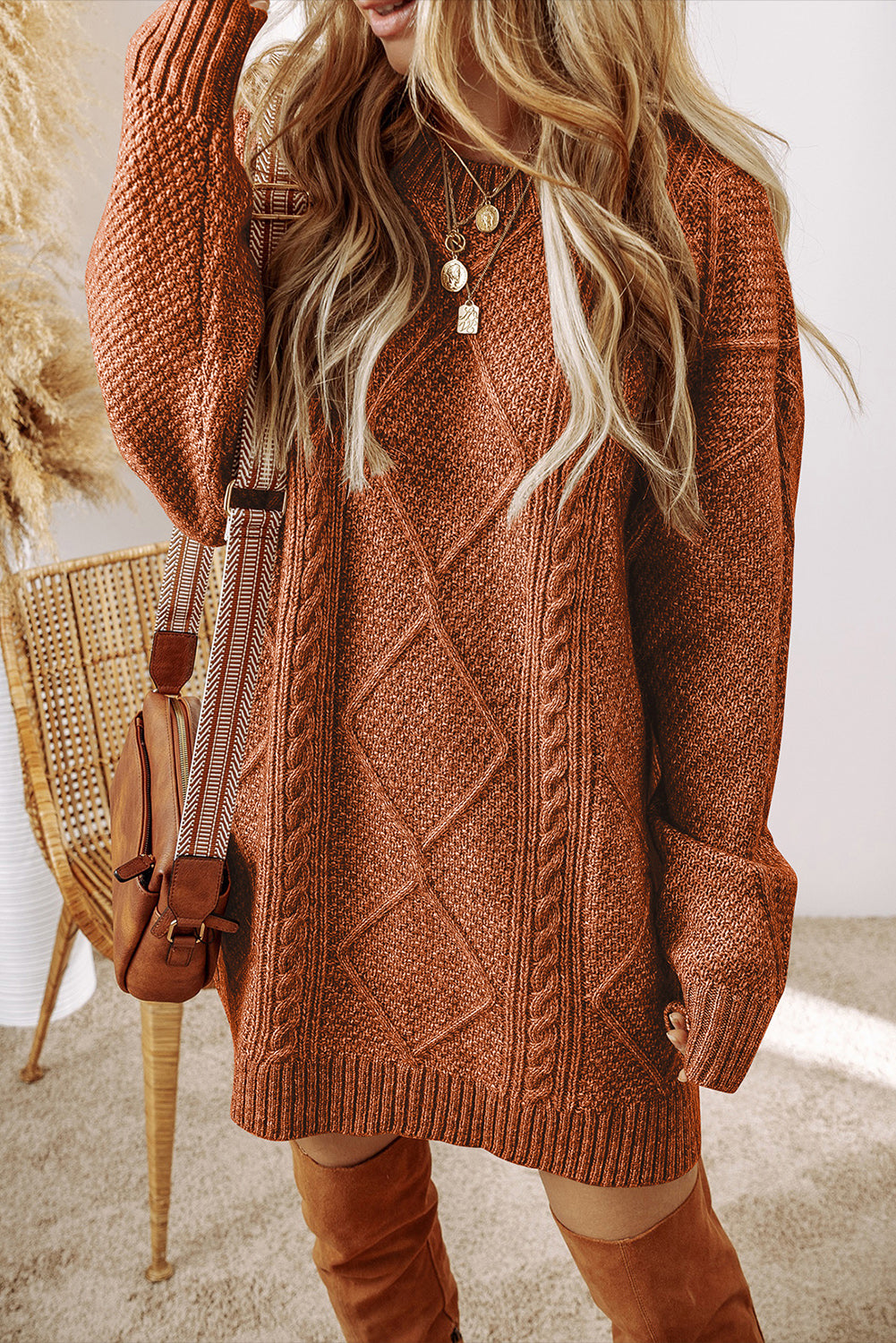 Twist Cable Knit Drop Shoulder Loose Fit Sweater Dress (4 colors)