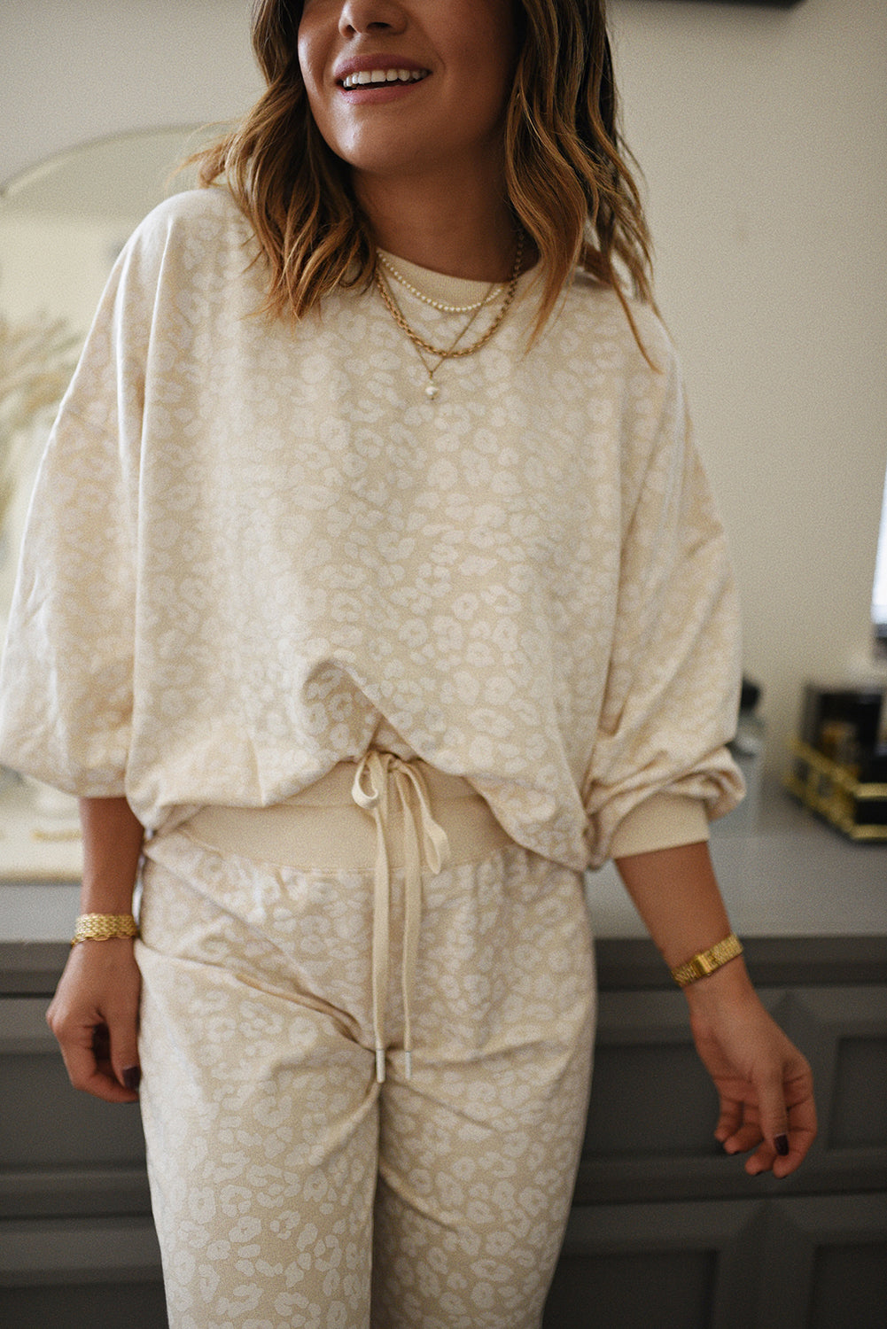 White Cheetah Print Loose Fit Two Piece Loungewear Set