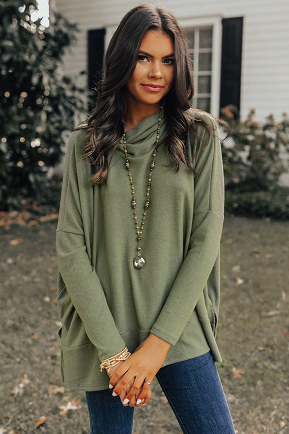 Cowl Neck Loose Fit Tunic Top (2 colors)