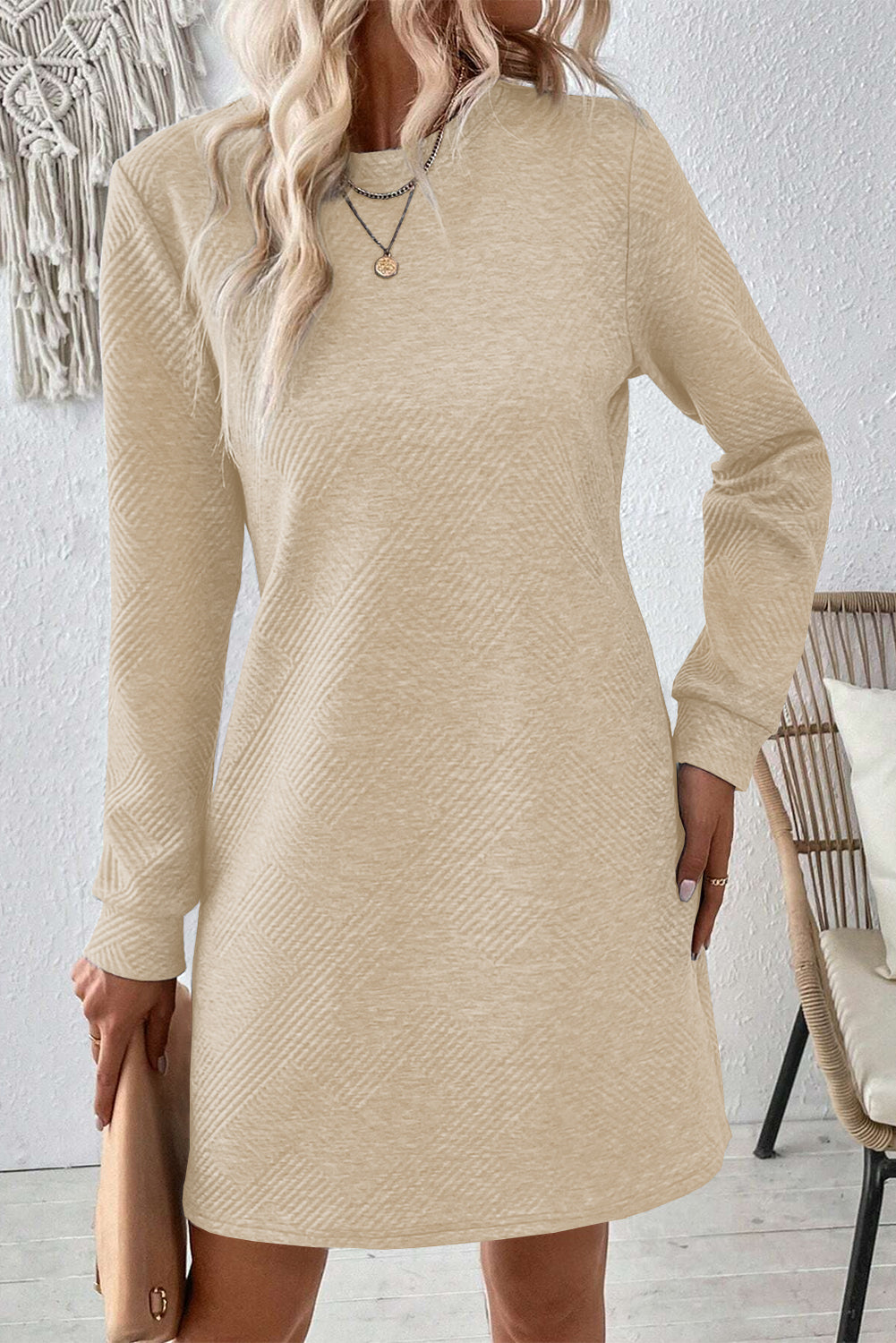 Plain Textured Long Sleeve Shift Short Dress (2 colors)