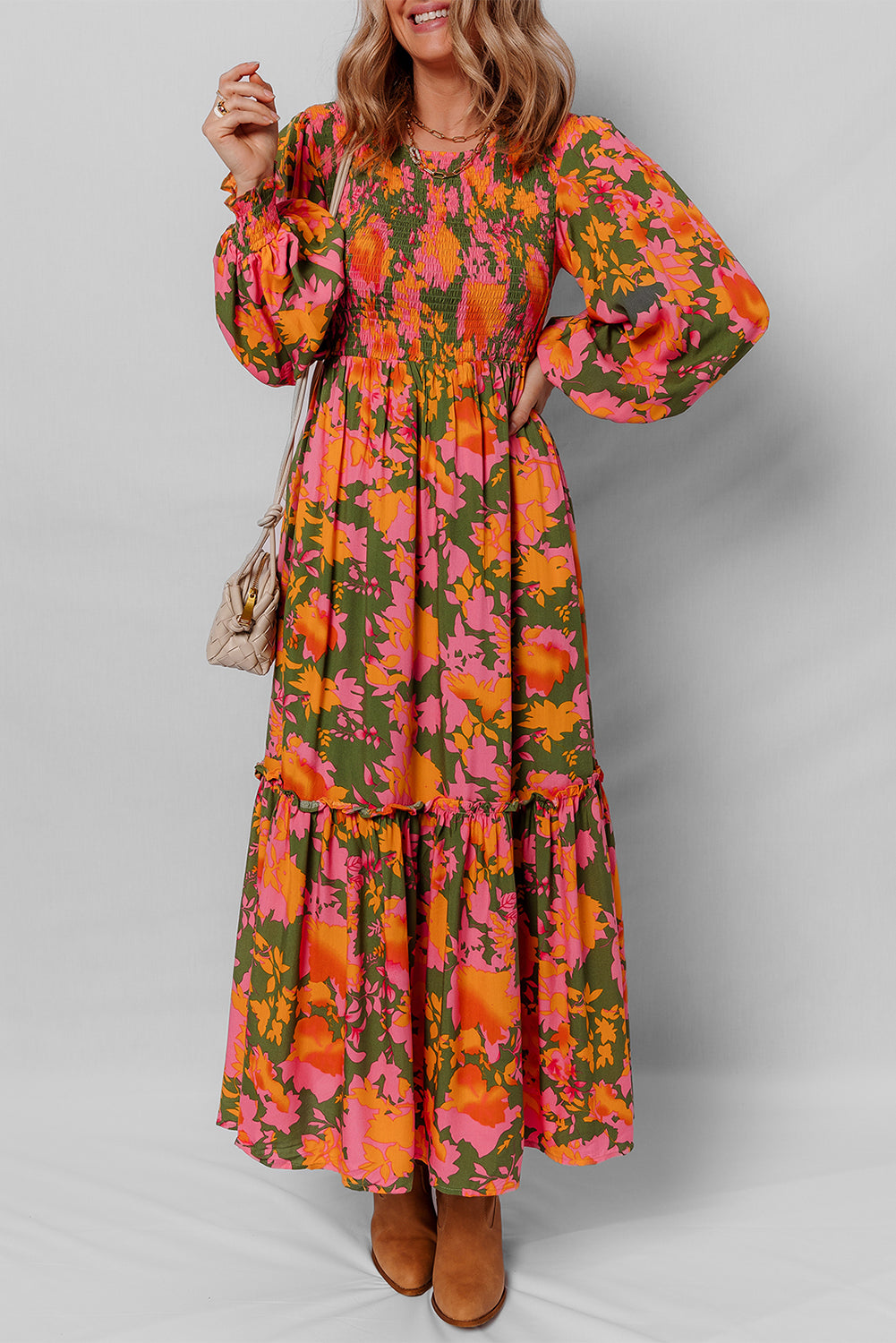 Orange Floral Puff Sleeve Smocked Bodice Tiered Dress