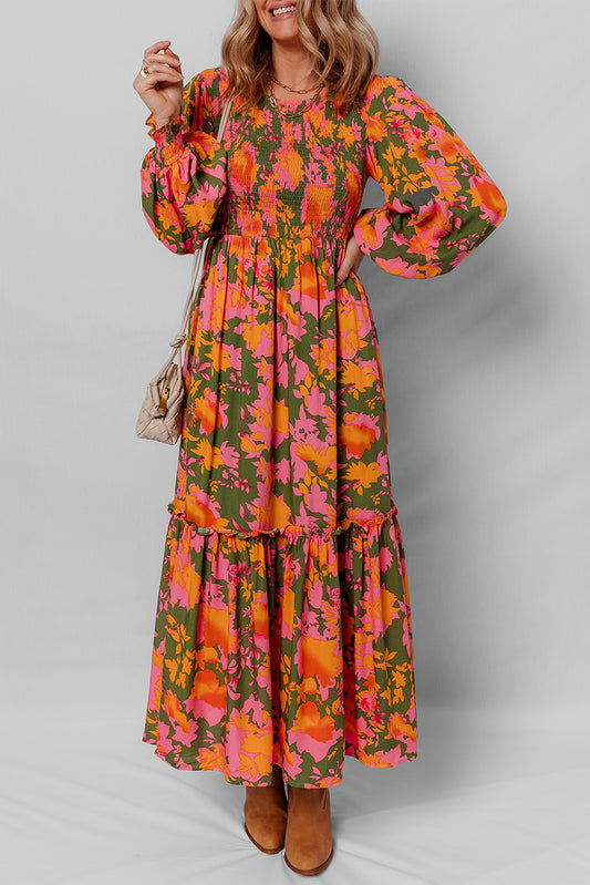 Orange Floral Puff Sleeve Smocked Bodice Tiered Dress