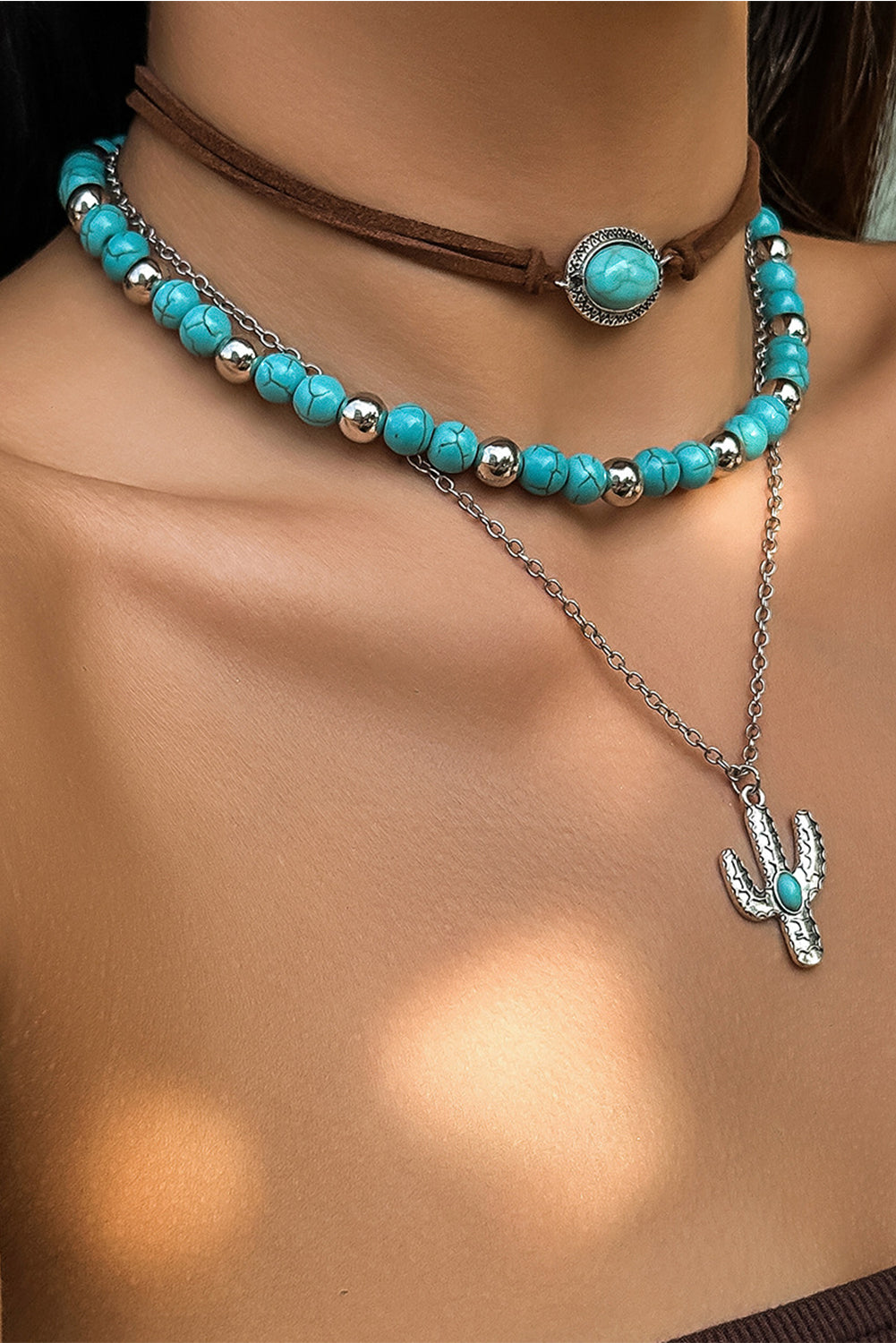 Turquoise Vintage Cactus Pendant Beaded Necklace Set