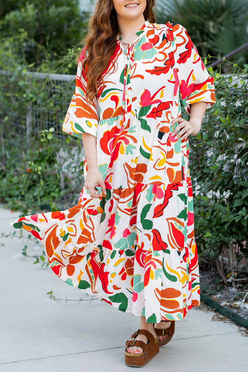 Big Floral Print Drawstring V Neck Tiered Plus Size Dress