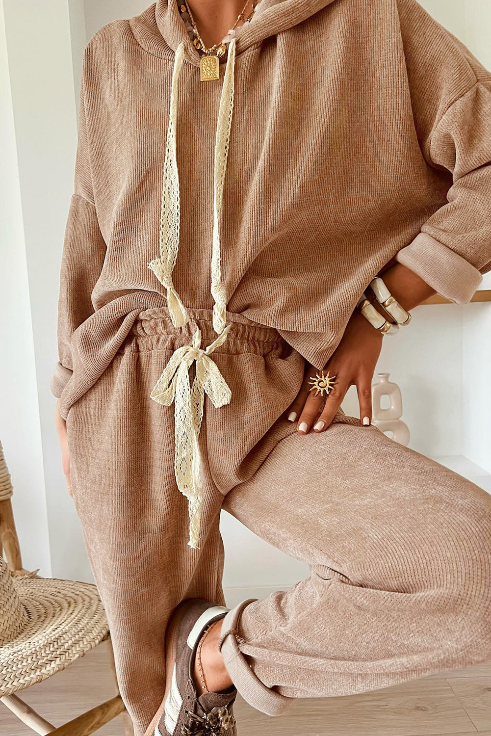 Parchment Drawstring Pullover Hoodie and High Waist Pants Corduroy Suit