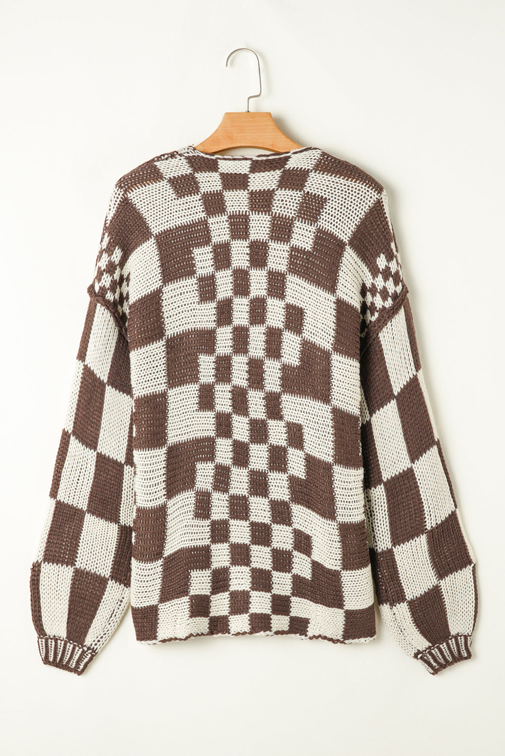 Colorblock Checked Loose Fit Open Front Knitted Cardigan