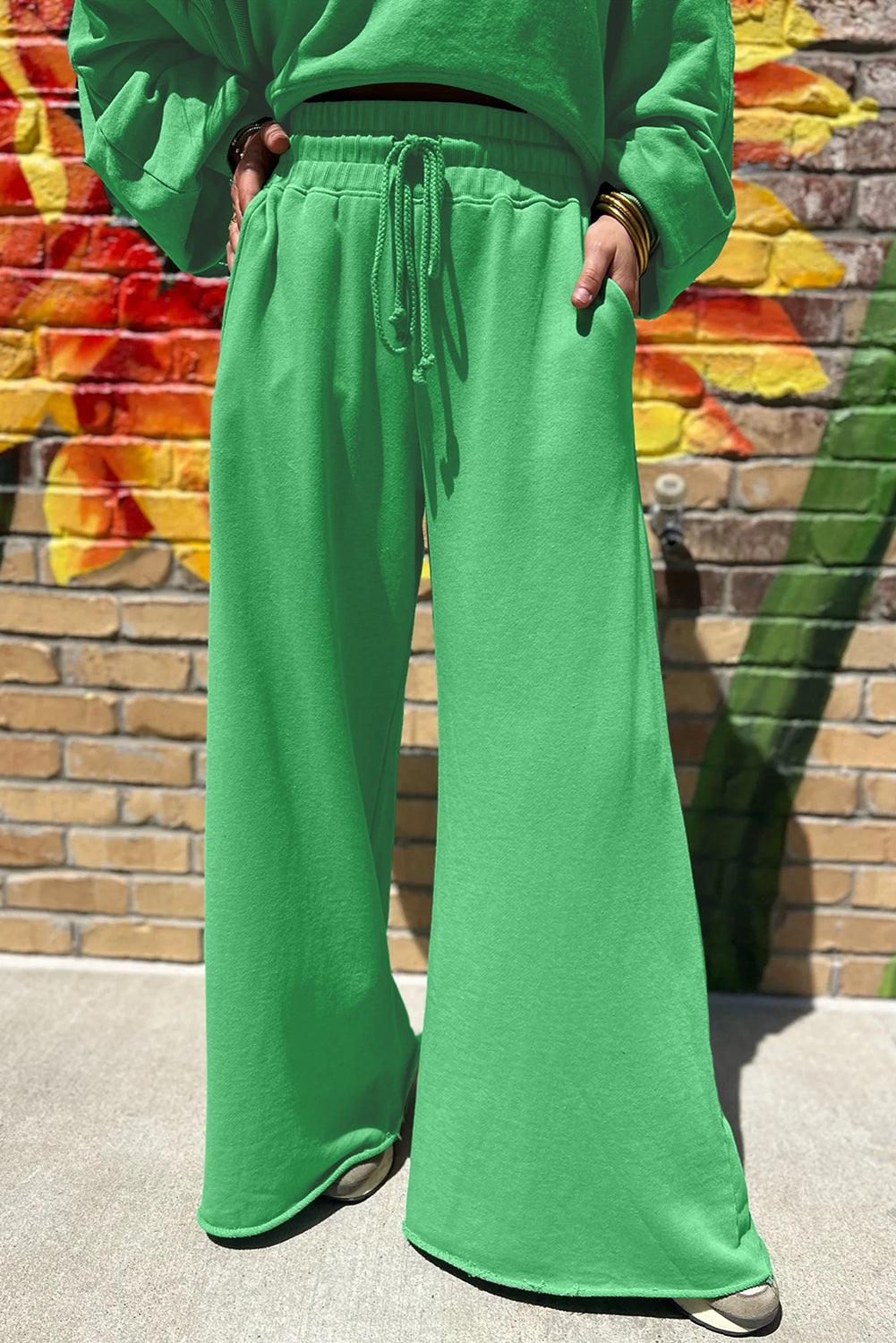Drop Shoulder Crop Pullover and Drawstring Wide Leg Pants Set