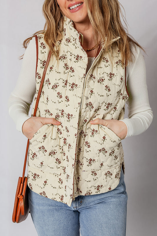 Cream Floral Print Zip Up Quilted Warm Vest