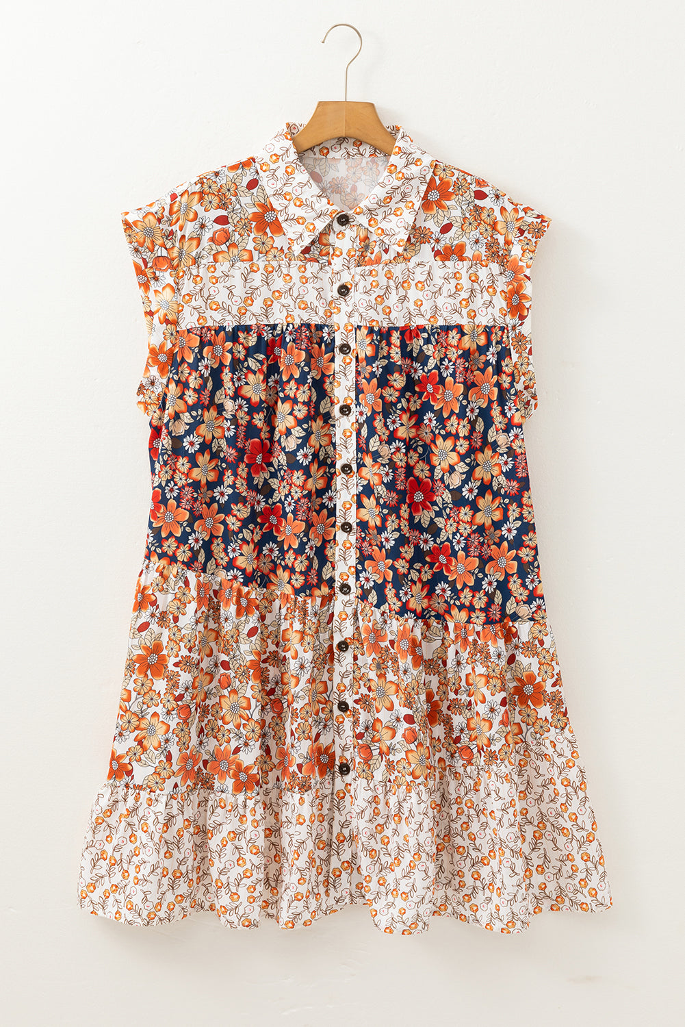 Beige Plus Size Floral Patchwork Collared Mini Dress
