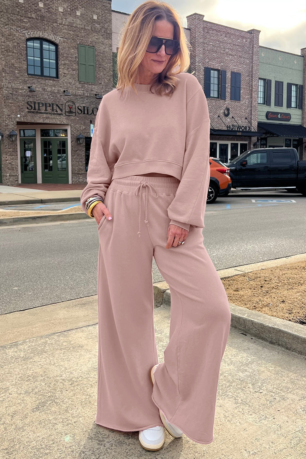 Drop Shoulder Crop Pullover and Drawstring Wide Leg Pants Set