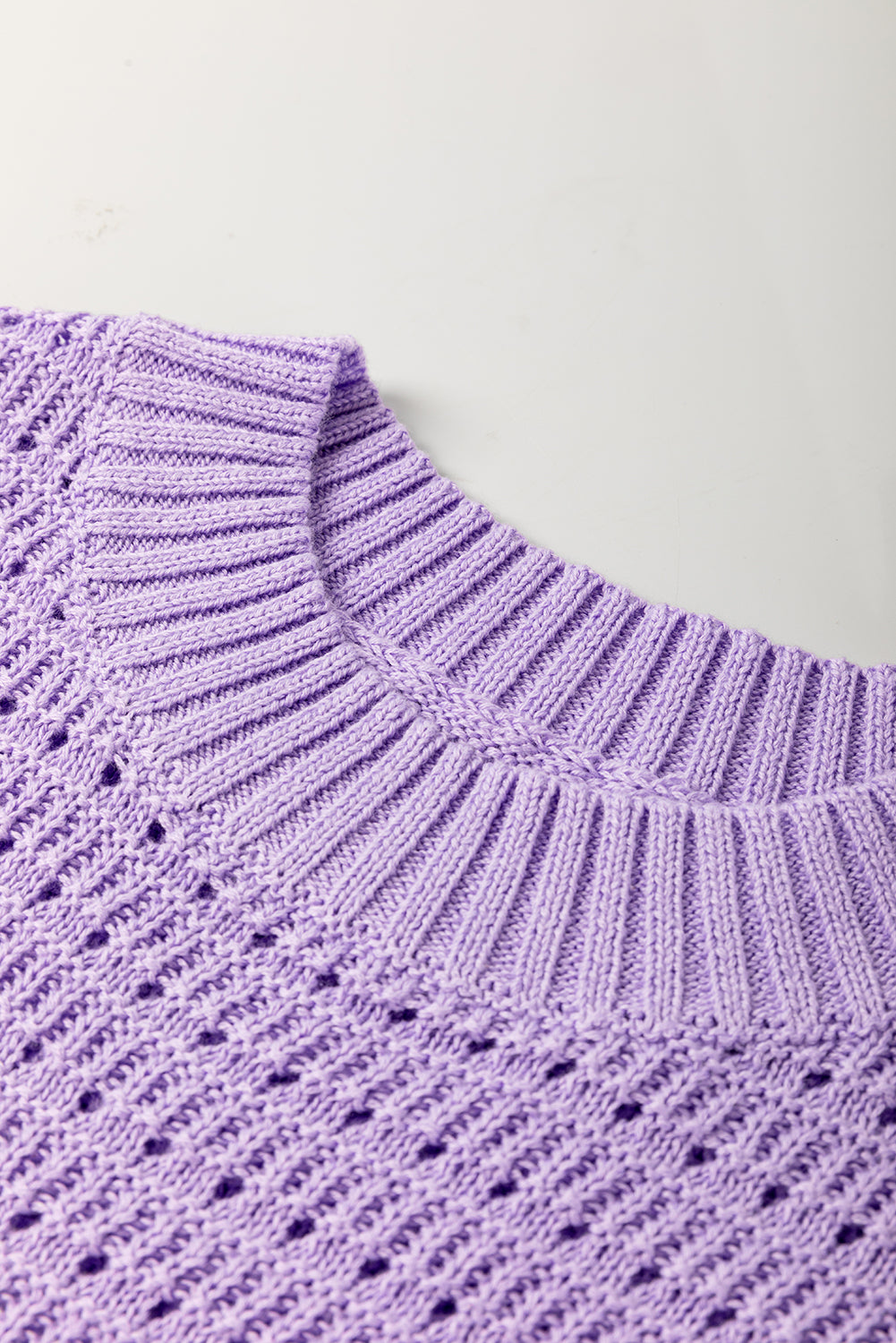Lavender Solid Ribbed Trim Pointelle Knit Top