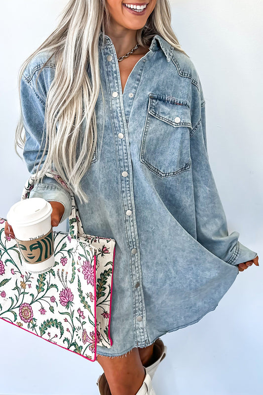 Beau Blue Chest Pocket Raw Hem Denim Loose Shirt Dress