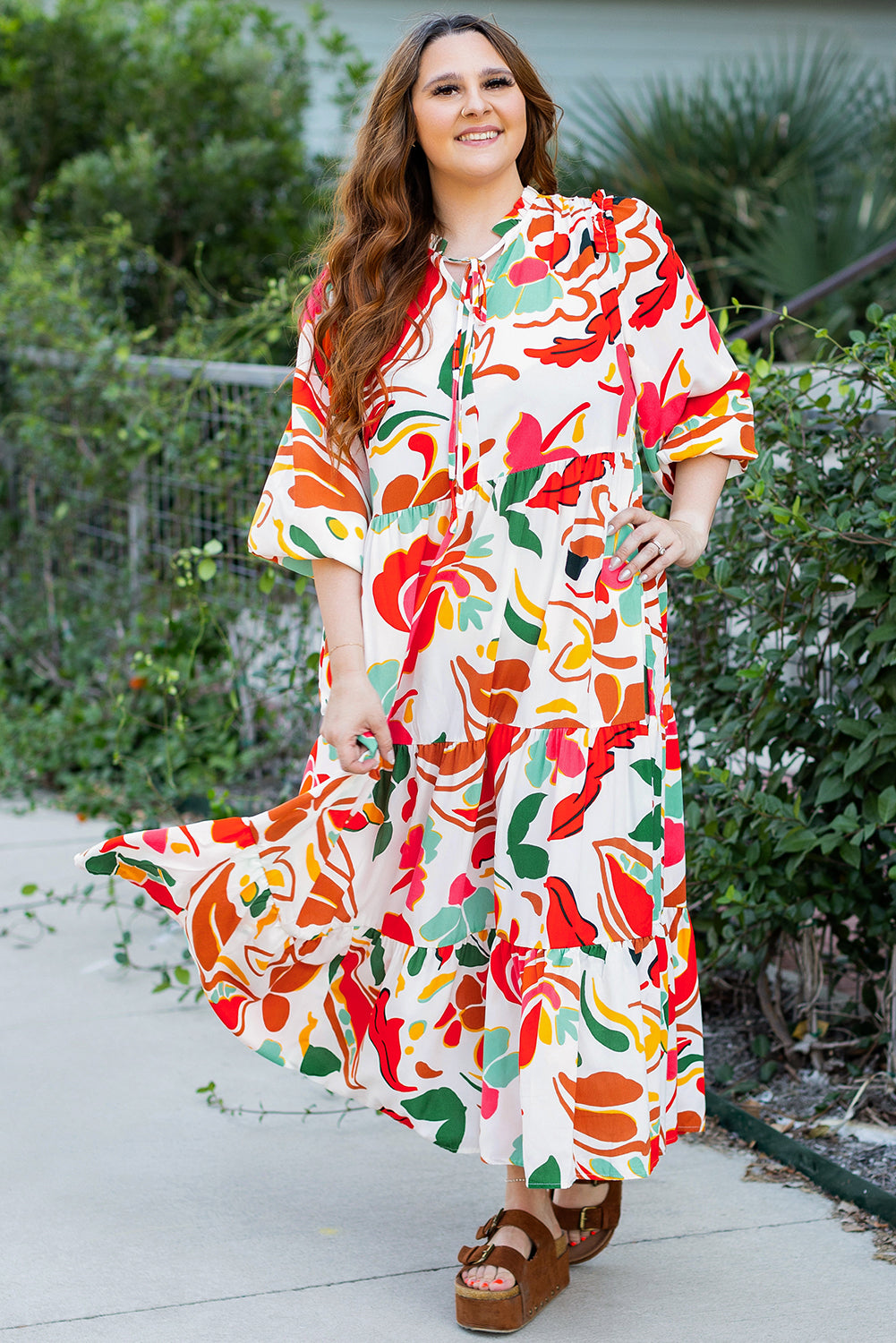 Big Floral Print Drawstring V Neck Tiered Plus Size Dress