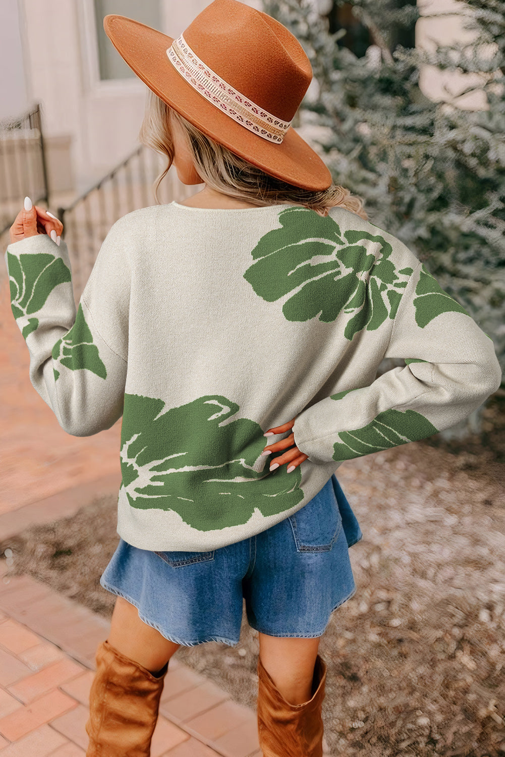 Green Flower Pattern Drop Sleeve Baggy Sweater
