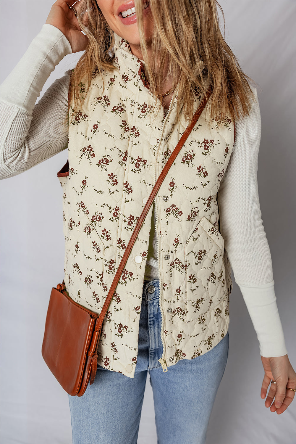 Cream Floral Print Zip Up Quilted Warm Vest