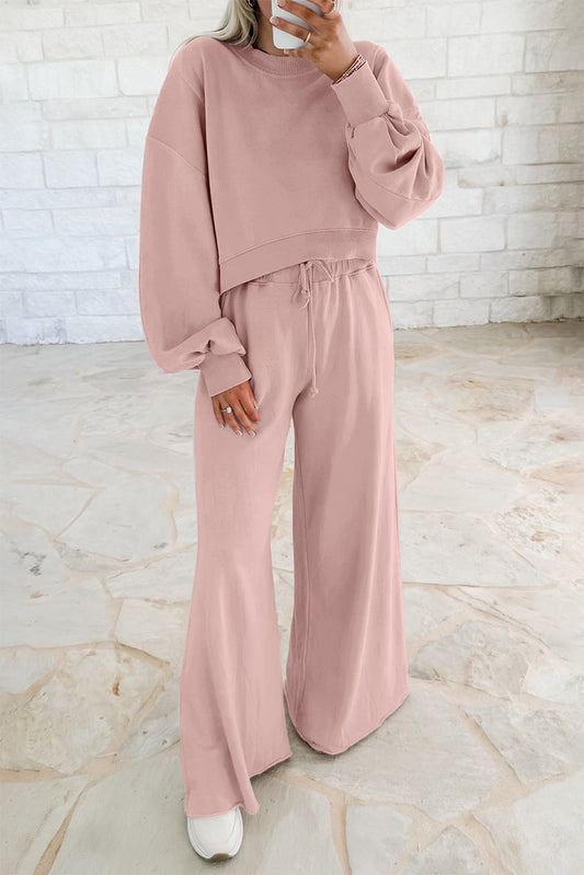 Drop Shoulder Crop Pullover and Drawstring Wide Leg Pants Set