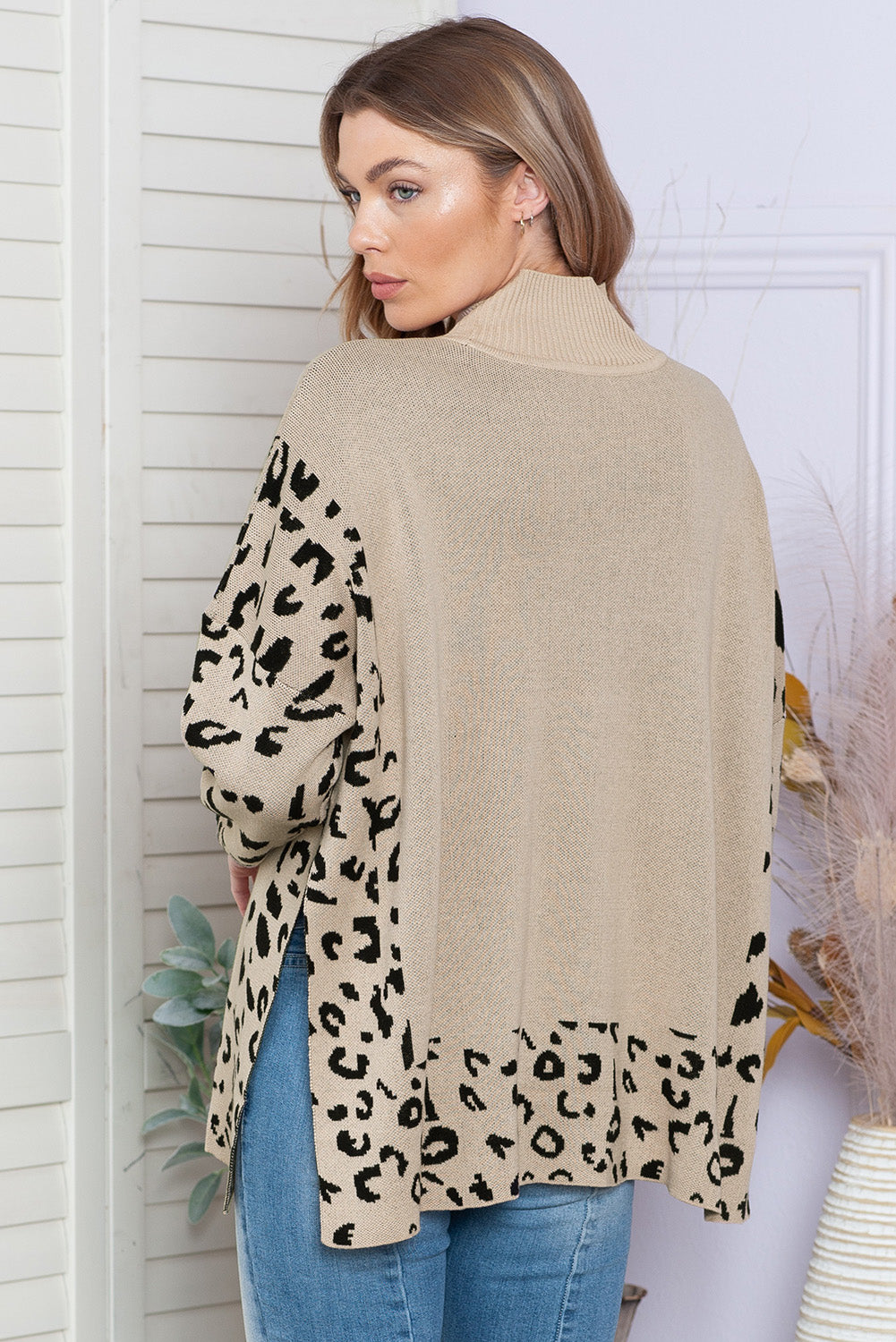 Khaki Leopard Side Slit Oversized Sweater