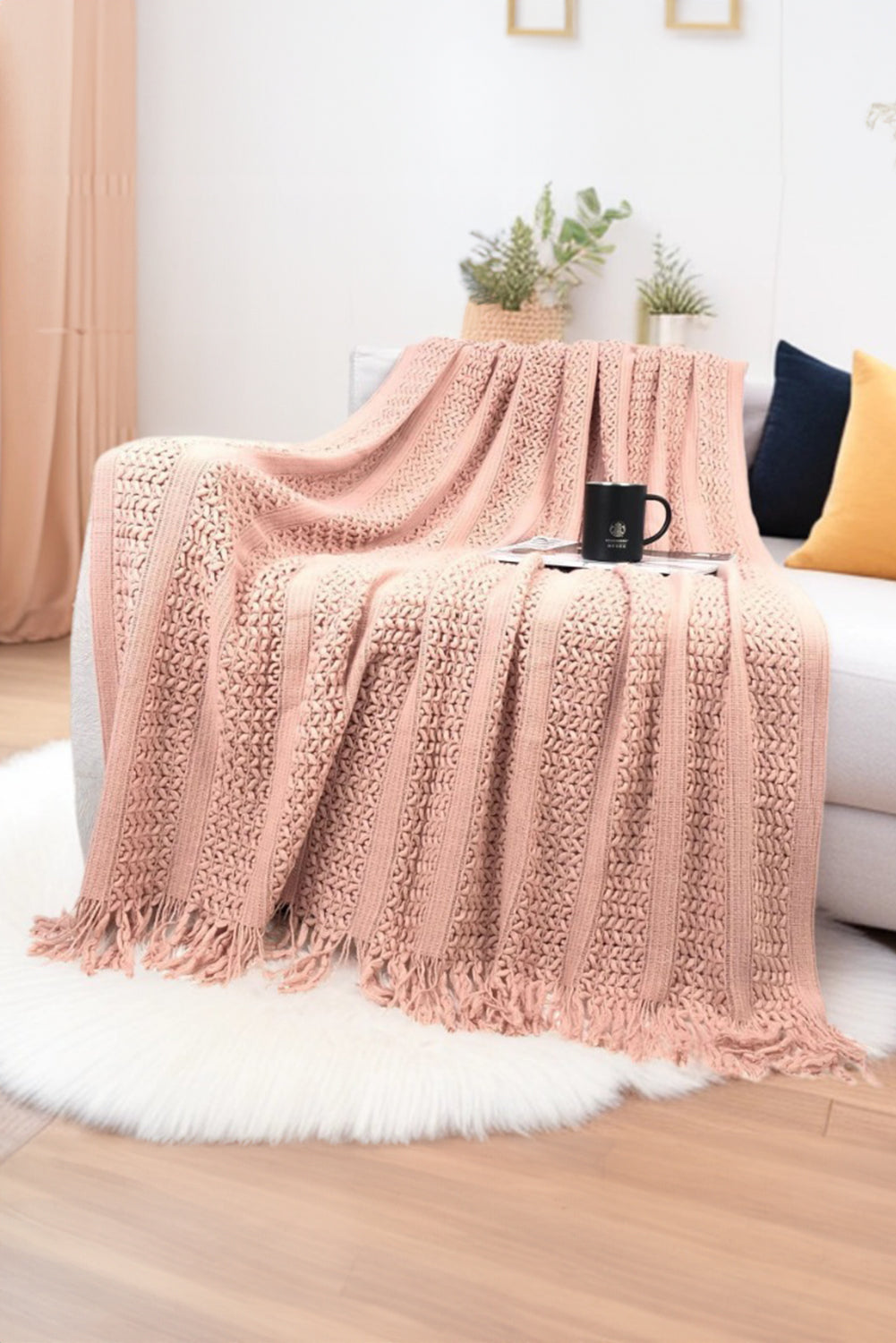 Dusty Pink Hollow Weave Blanket with Tassel