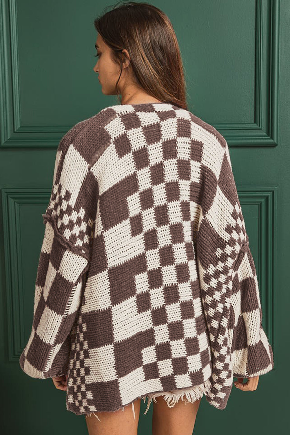 Colorblock Checked Loose Fit Open Front Knitted Cardigan