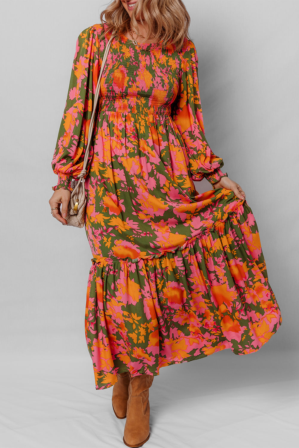 Orange Floral Puff Sleeve Smocked Bodice Tiered Dress