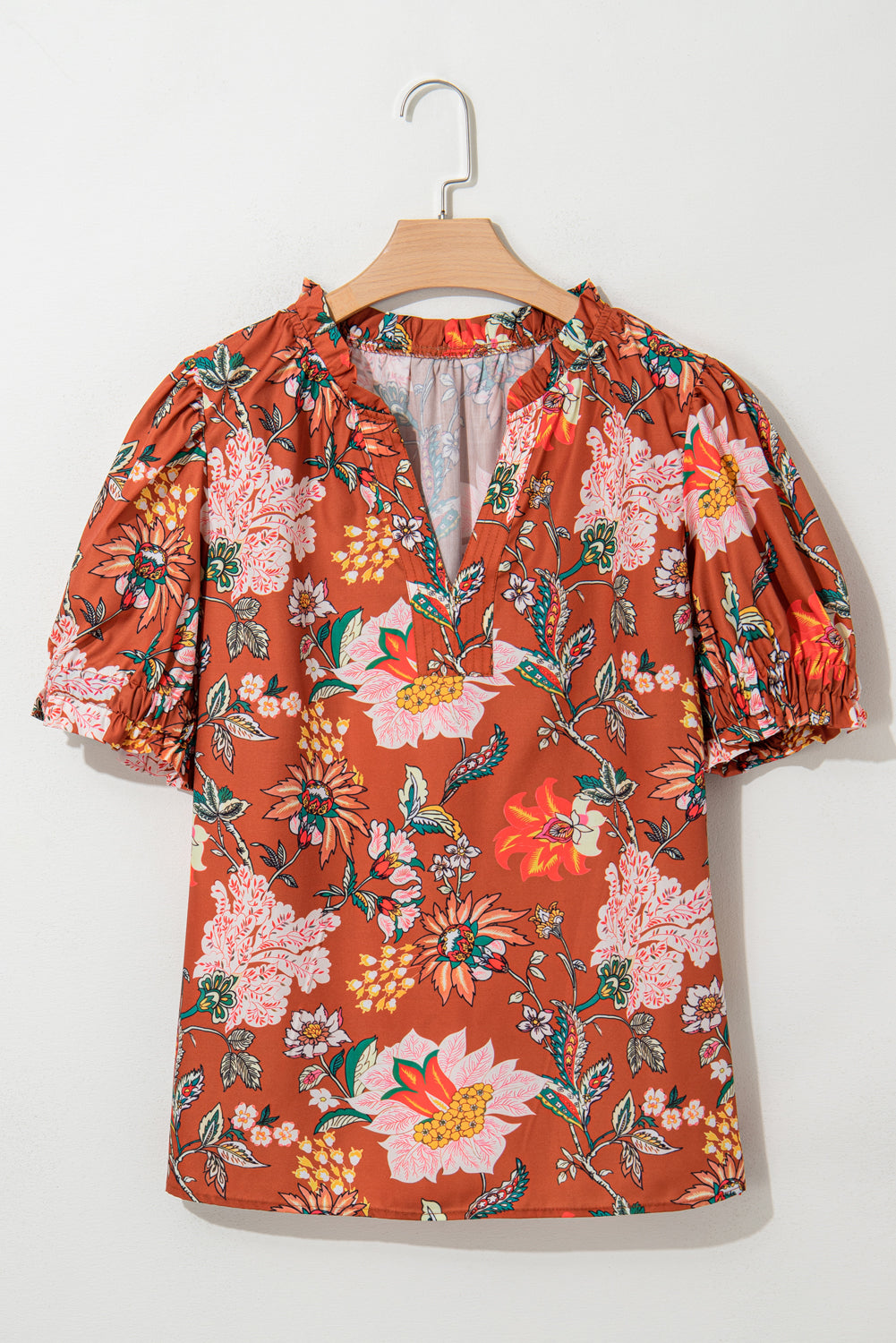 Brown Floral Stitched V Neck Puff Short Sleeve Blouse