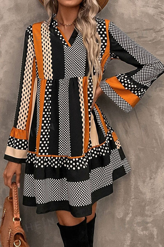 Striped Polka Dot Ruffle Hem Mini Dress