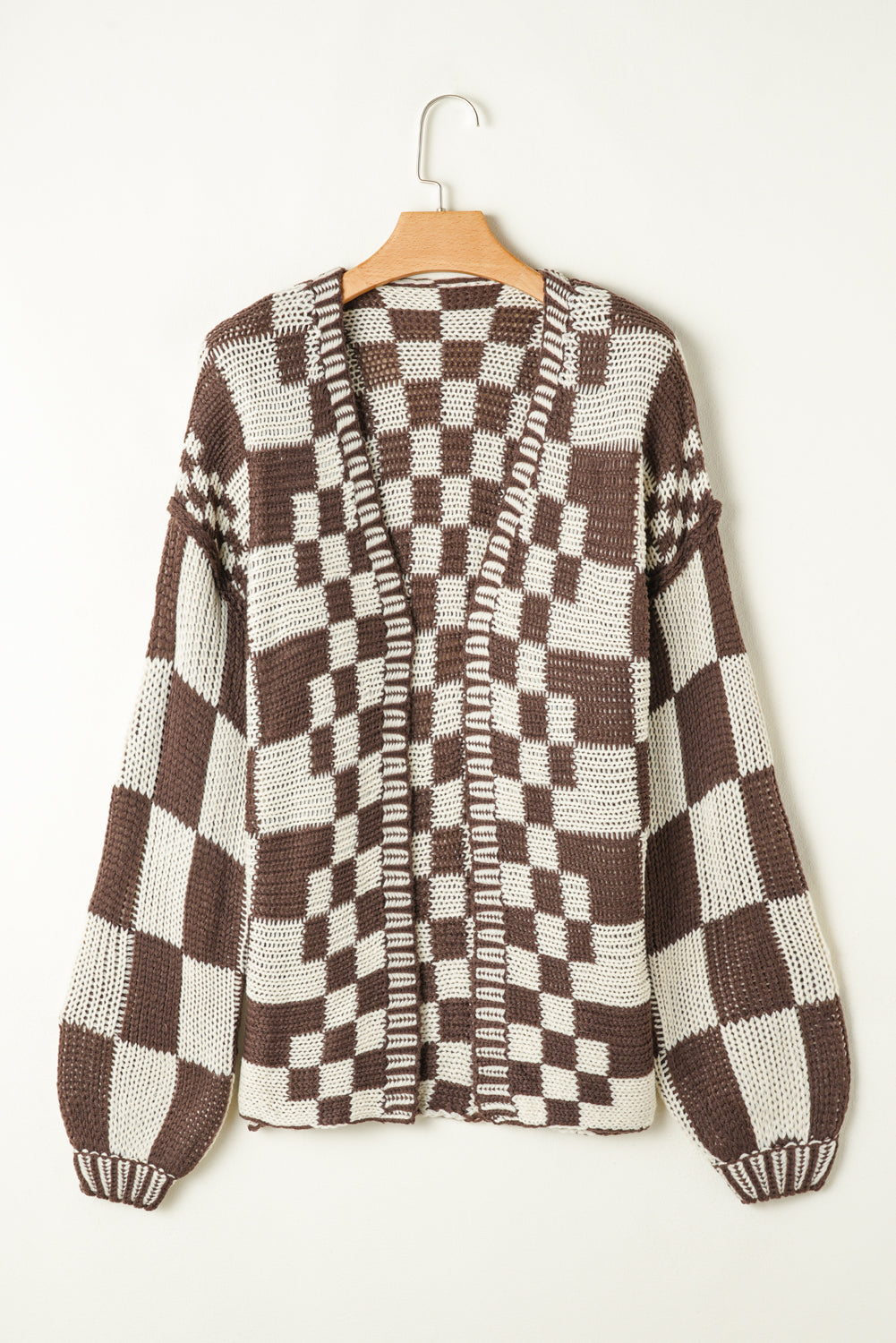 Colorblock Checked Loose Fit Open Front Knitted Cardigan