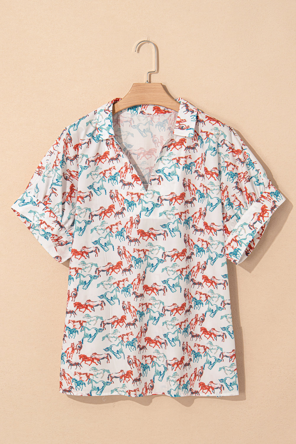 White Horse Galloping Allover Print Plus Size Blouse