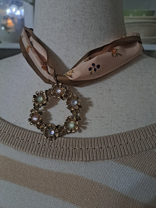 Tiny Floral Print Scarf Necklace Antique Pendant