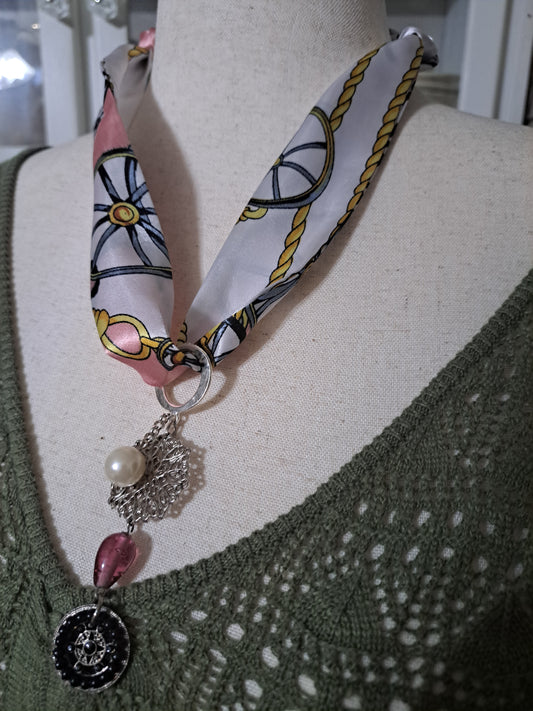 Pink & White Anchor Print Scarf Necklace with Compass Style Charm & Pendant
