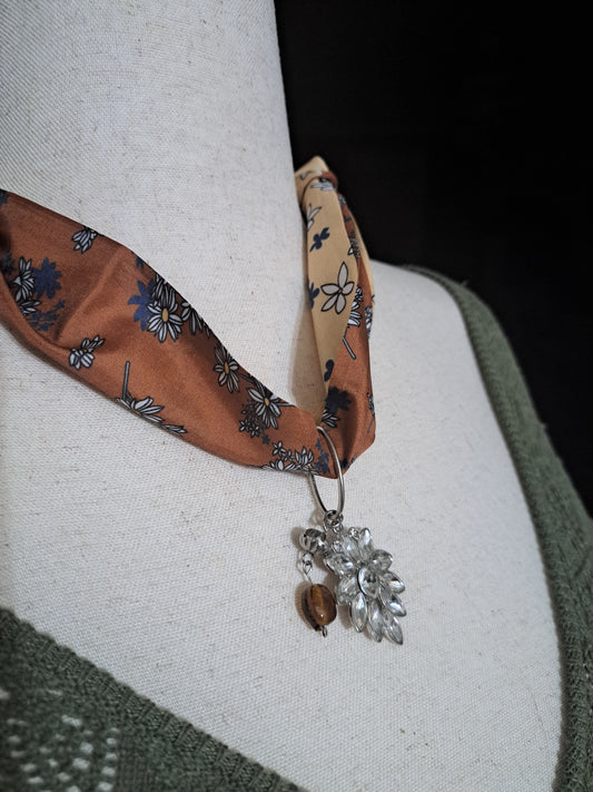 Delicate Flower Print Scarf Necklace in Bronze & Cream with Antique Charm Pendant