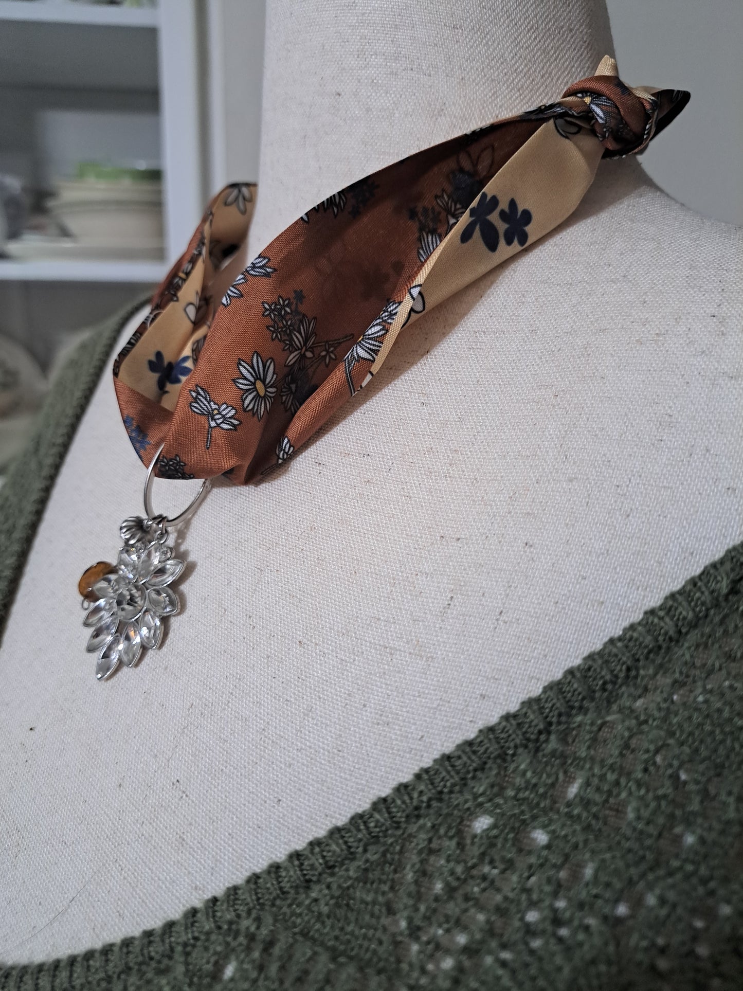 Delicate Flower Print Scarf Necklace in Bronze & Cream with Antique Charm Pendant