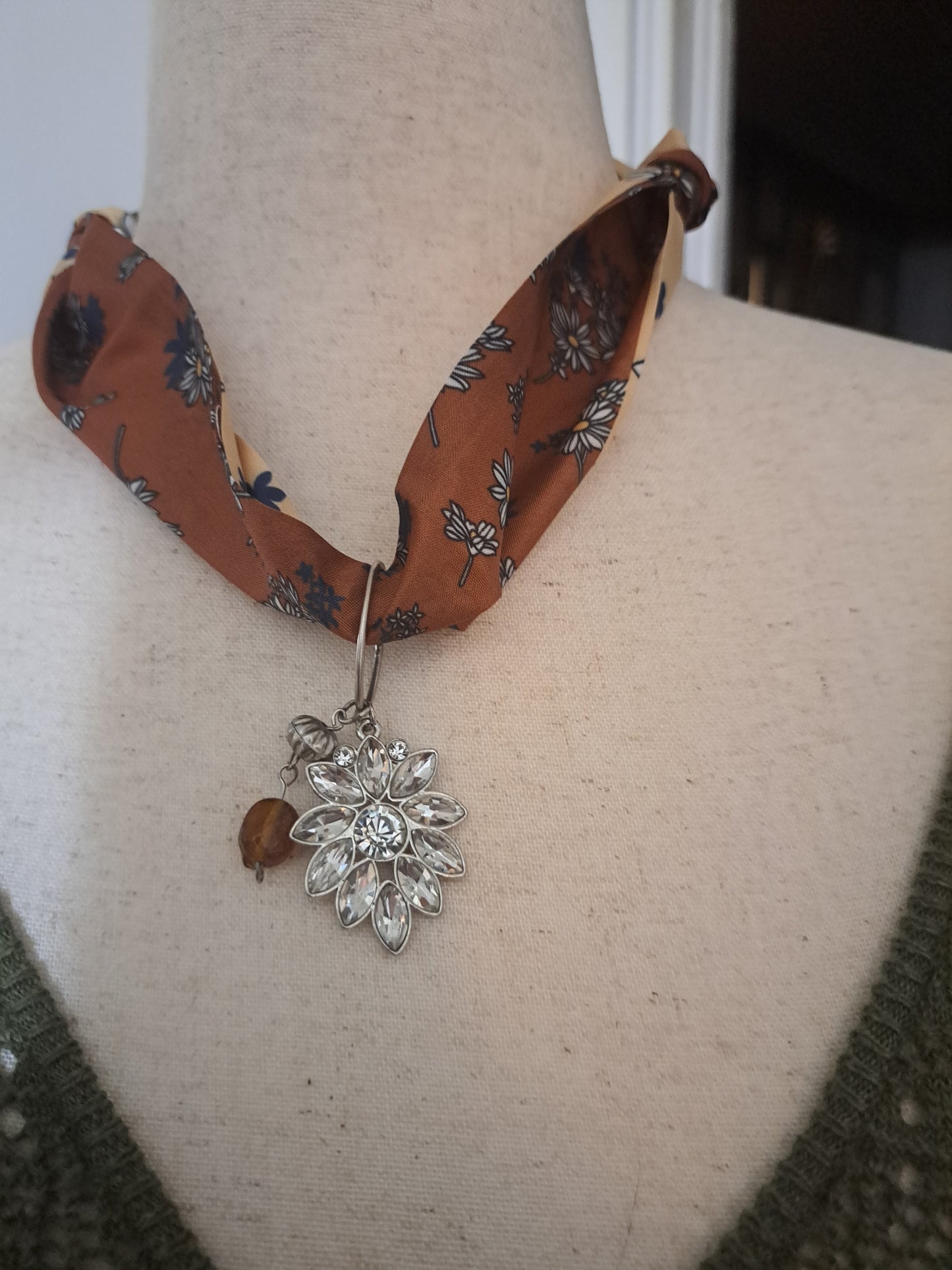 Delicate Flower Print Scarf Necklace in Bronze & Cream with Antique Charm Pendant