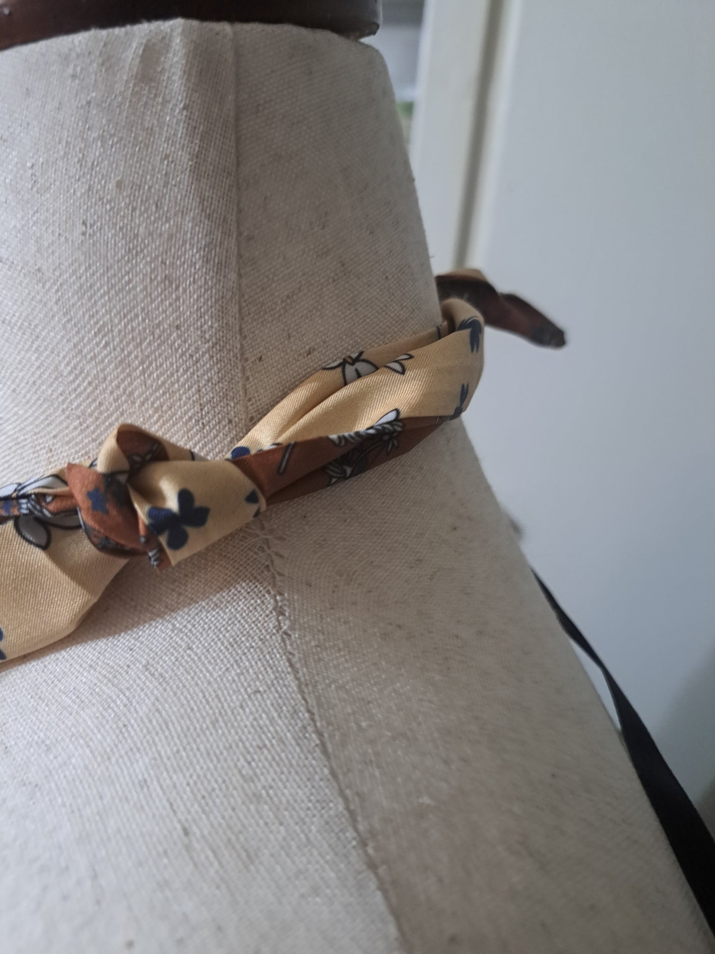 Delicate Flower Print Scarf Necklace in Bronze & Cream with Antique Charm Pendant