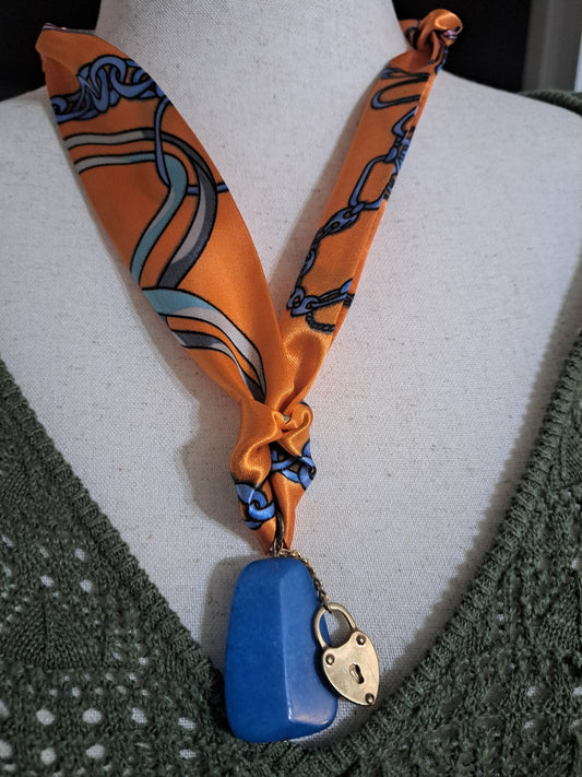 Electric Orange Scarf Necklace with Gold Locket & Dyed Halite