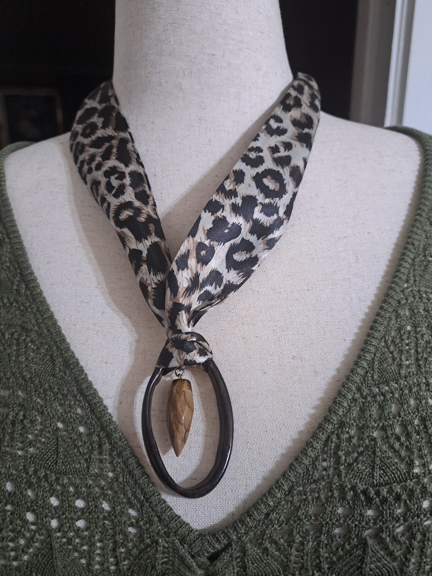 Leopard Print Scarf Necklace with Hoop & Picture Jasper Stone