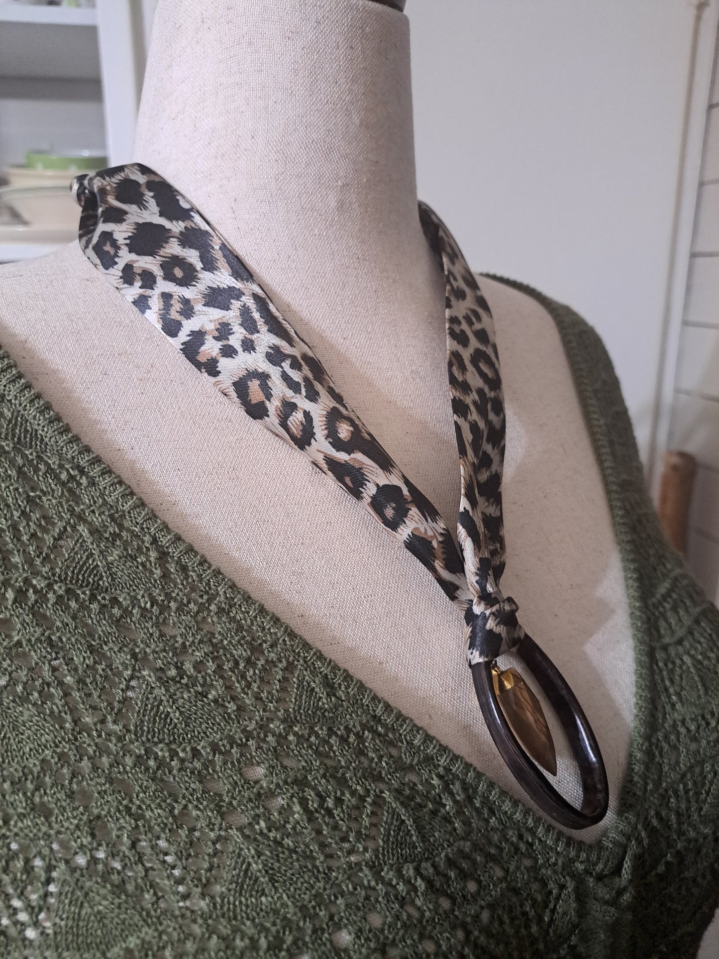 Leopard Print Scarf Necklace with Hoop & Picture Jasper Stone