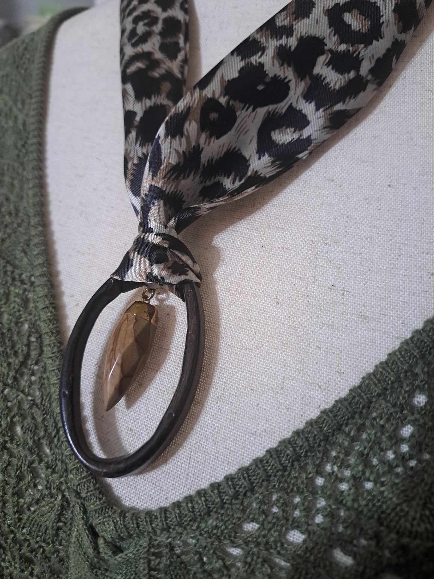 Leopard Print Scarf Necklace with Hoop & Picture Jasper Stone