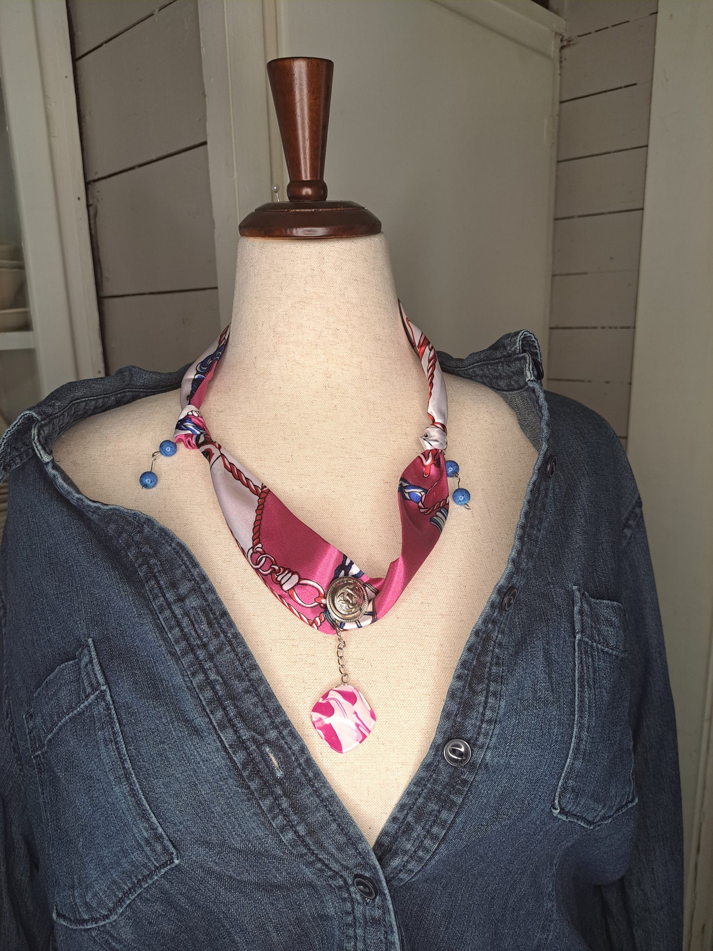 Nautical Themed Scarf Necklace with Anchor Button & Turquoise Charms