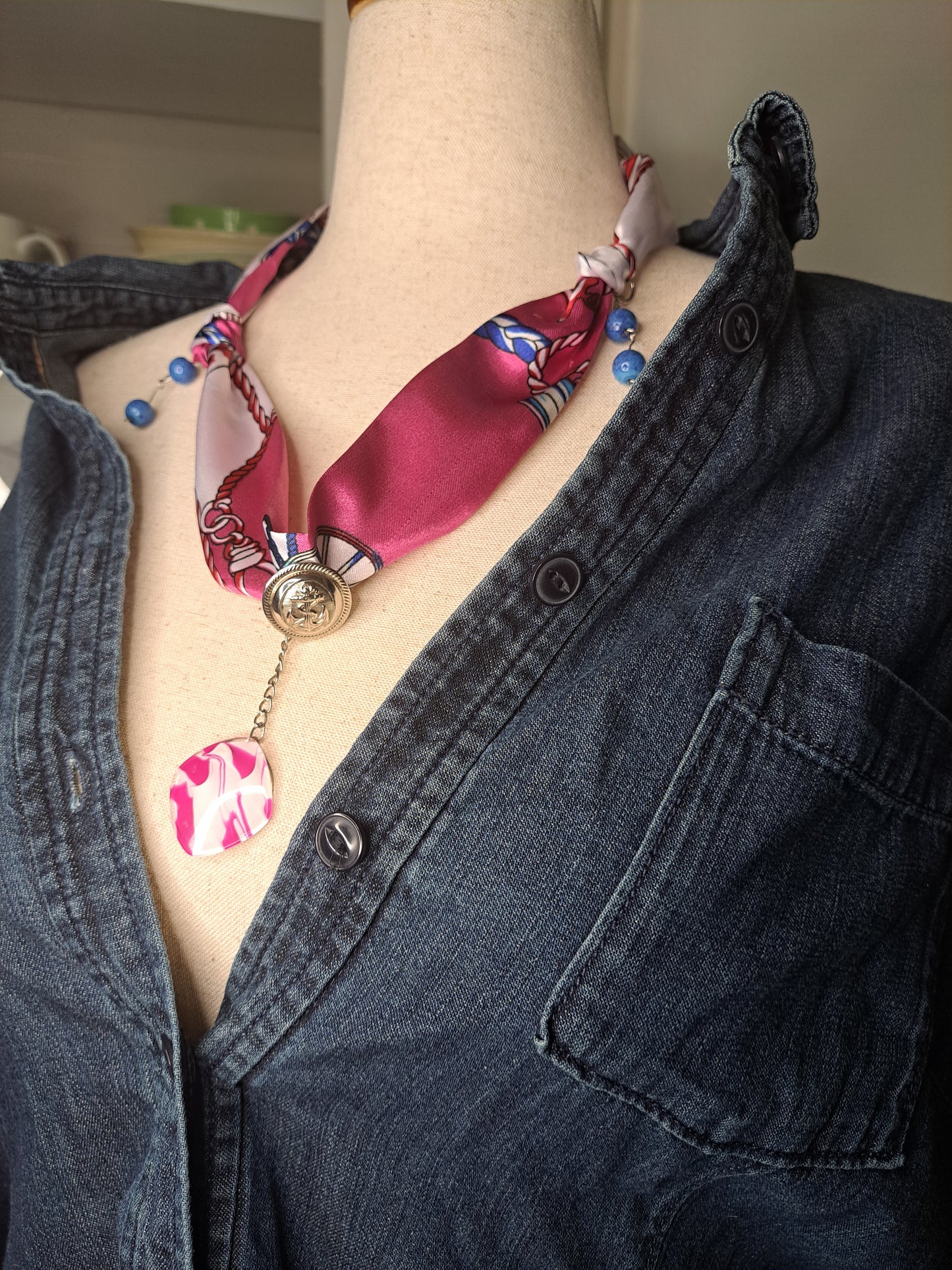 Nautical Themed Scarf Necklace with Anchor Button & Turquoise Charms