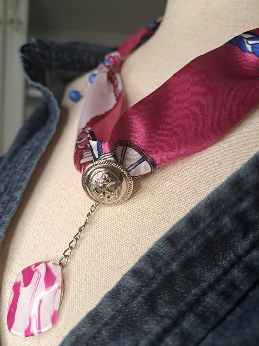 Nautical Themed Scarf Necklace with Anchor Button & Turquoise Charms